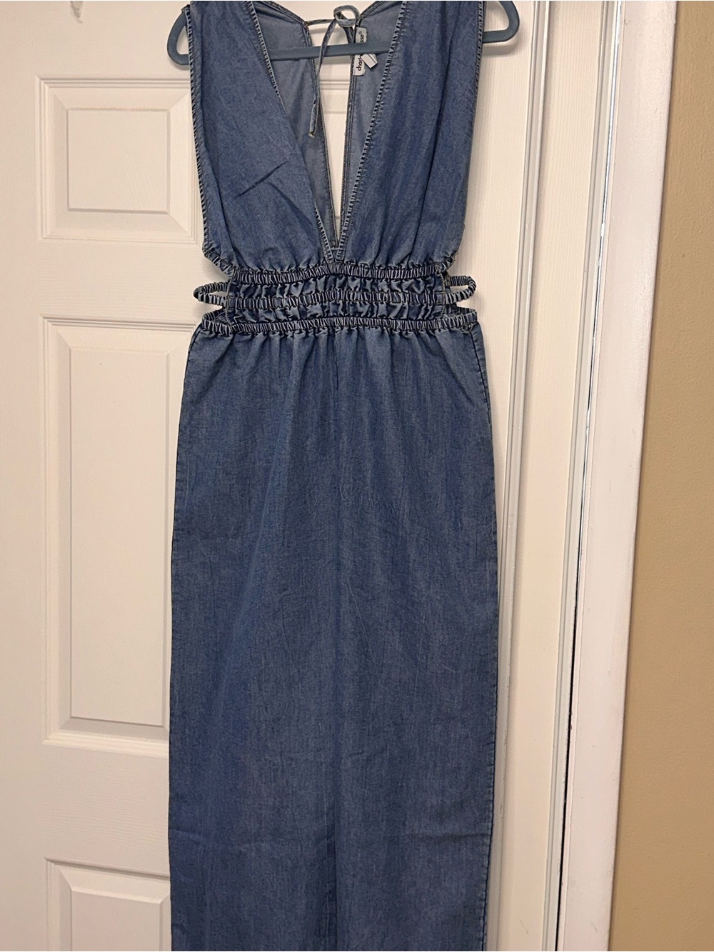 Charlotte Russe Denim Blue Backless Maxi Dress with Smocked Waist